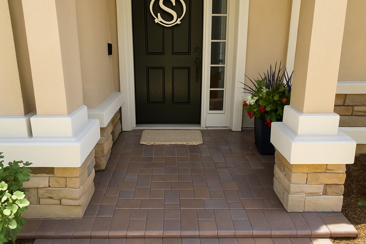 Front entry pavers after Hurricane CAT 5 sealing — rich wet-look, tightened joint sand